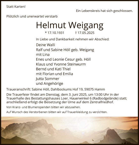 Todesanzeige von Helmut Weigang von HAWA