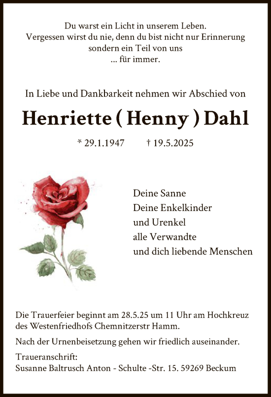 Todesanzeige von Henriette Dahl von HAWA