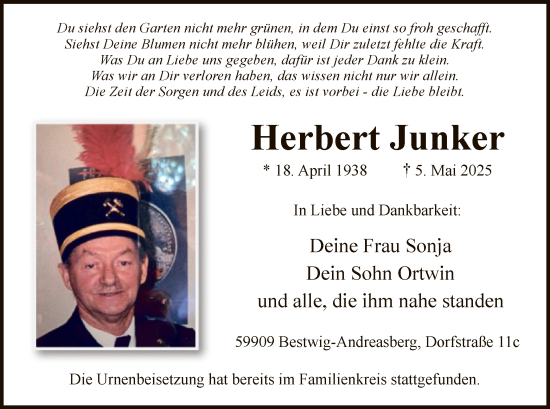 Todesanzeige von Herbert Junker von WA