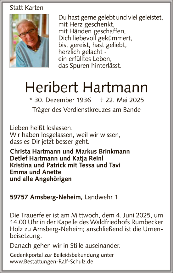Todesanzeige von Heribert Hartmann von HASK