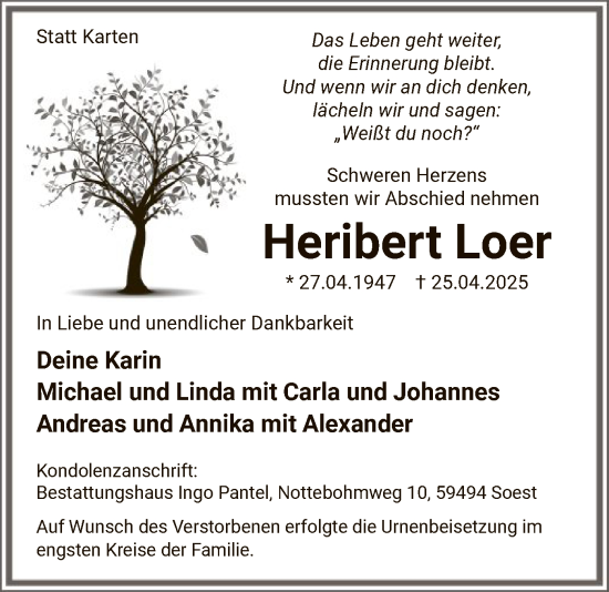 Todesanzeige von Heribert Loer von WA