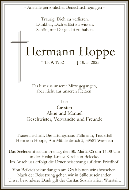 Todesanzeige von Hermann Hoppe von WA