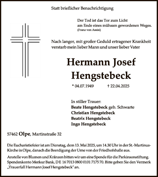 Todesanzeige von Hermann Josef Hengstebeck von WA