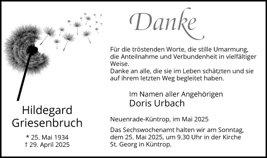 Todesanzeige von Hildegard Griesenbruch von WA