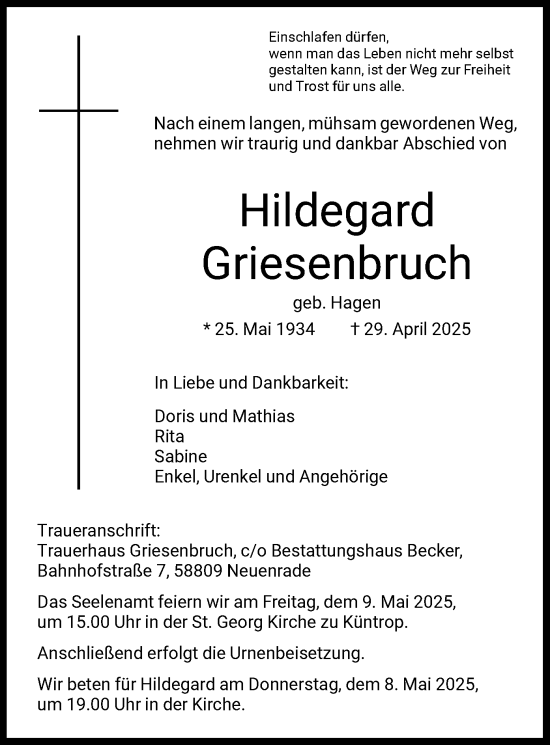 Todesanzeige von Hildegard Griesenbruch von WA