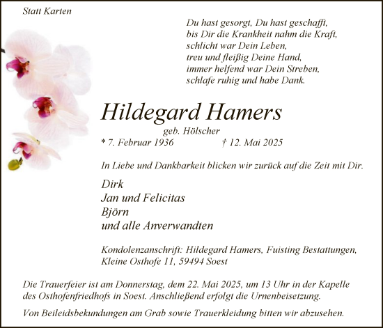 Todesanzeige von Hildegard Hamers von WA