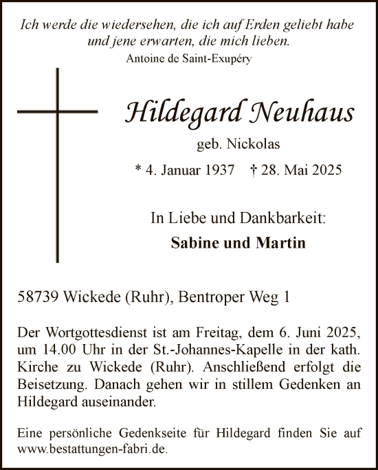 Todesanzeige von Hildegard Neuhaus von HASO