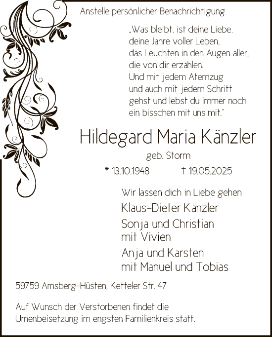 Todesanzeige von Hildegard Maria Känzler von HASK
