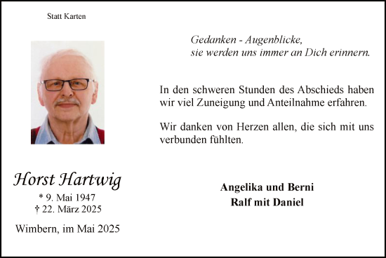 Todesanzeige von Horst Hartwig von WA