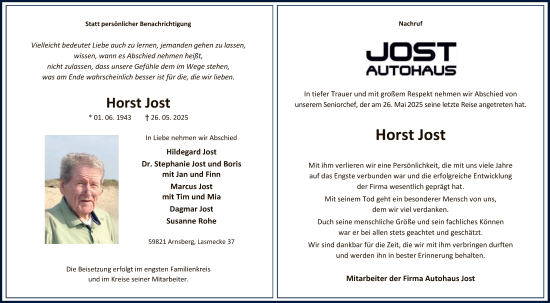 Todesanzeige von Horst Jost von HASK