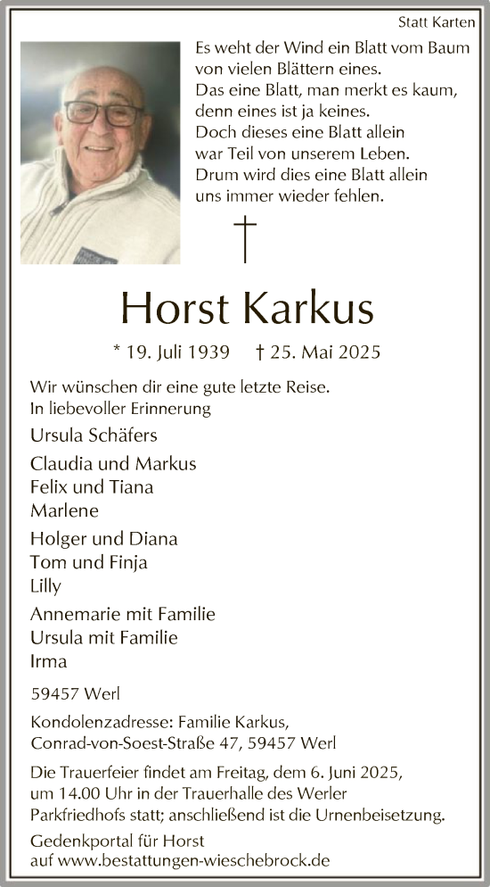 Todesanzeige von Horst Karkus von HASO
