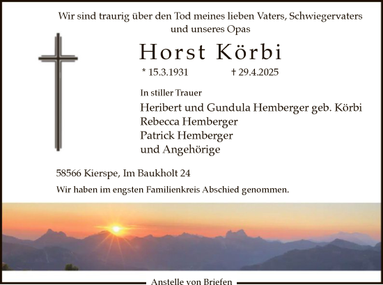 Todesanzeige von Horst Körbi von WA
