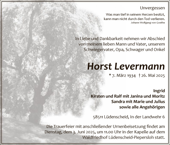 Todesanzeige von Horst Levermann von HALN