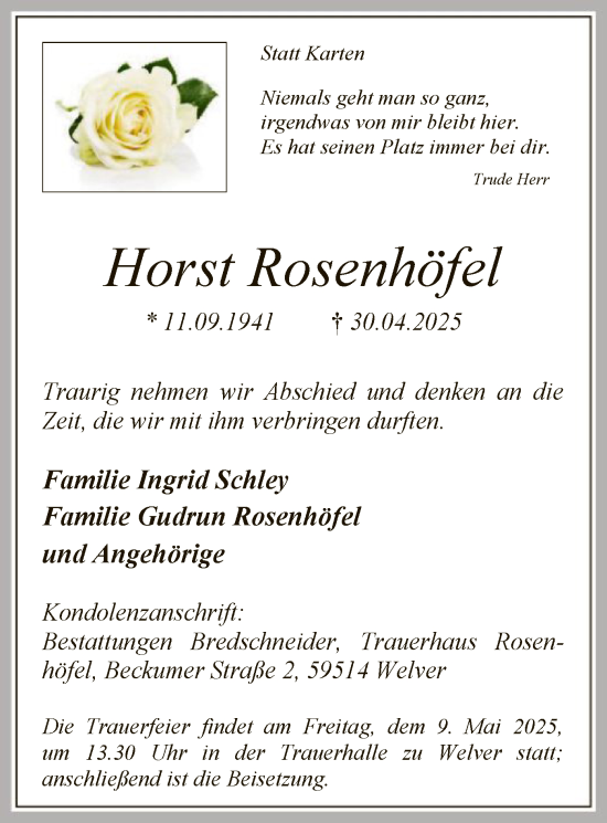 Todesanzeige von Horst Rosenhöfel von WA