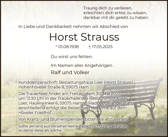Todesanzeige von Horst Strauss von HAWA