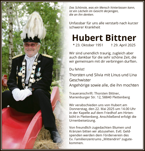 Todesanzeige von Hubert Bittner von WA