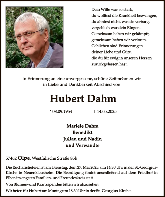 Todesanzeige von Hubert Dahm von HASK