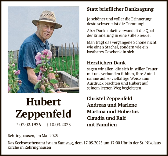 Todesanzeige von Hubert Zeppenfeld von WA