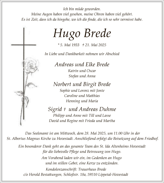 Todesanzeige von Hugo Brede von HASO