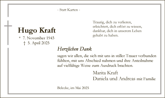 Todesanzeige von Hugo Kraft von WA