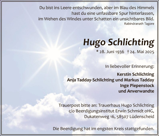 Todesanzeige von Hugo Schlichting von HALN