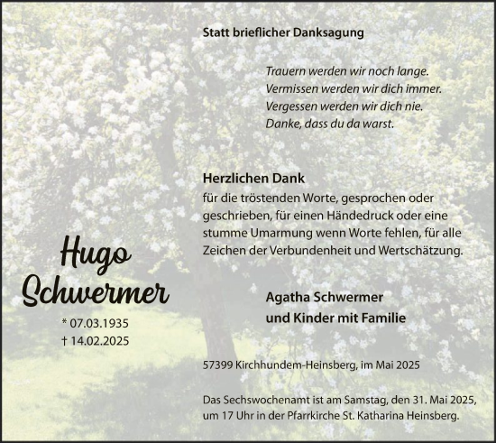 Todesanzeige von Hugo Schwermer von HASK