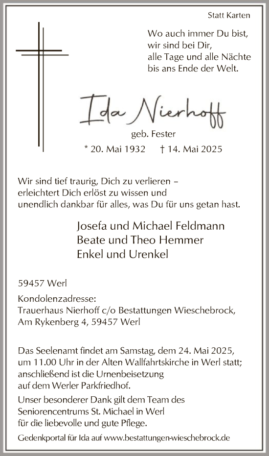 Todesanzeige von Ida Nierhoff von WA