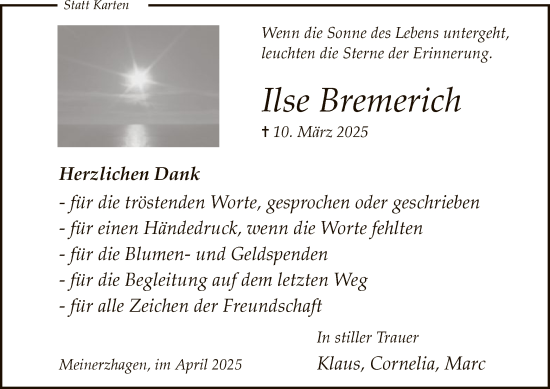 Todesanzeige von Ilse Bremerich von WA
