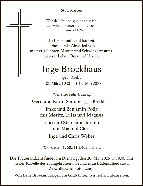 Todesanzeige von Inge Brockhaus von WA