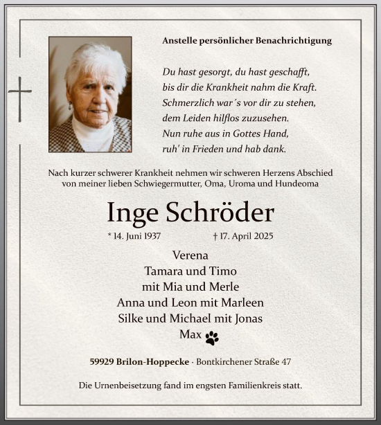 Todesanzeige von Inge Schröder von WA