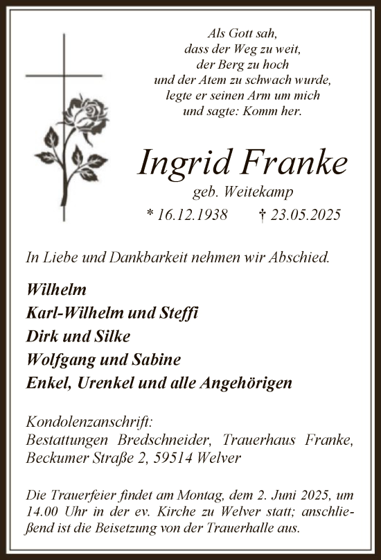 Todesanzeige von Ingrid Franke von HASO