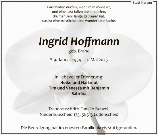 Todesanzeige von Ingrid Hoffmann von WA