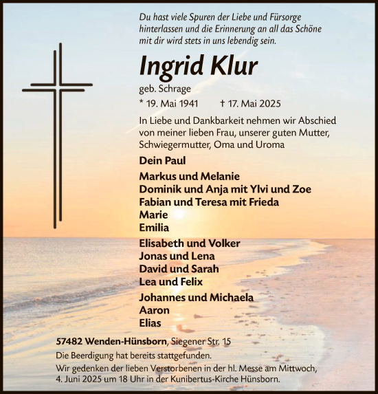 Todesanzeige von Ingrid Klur von HASK
