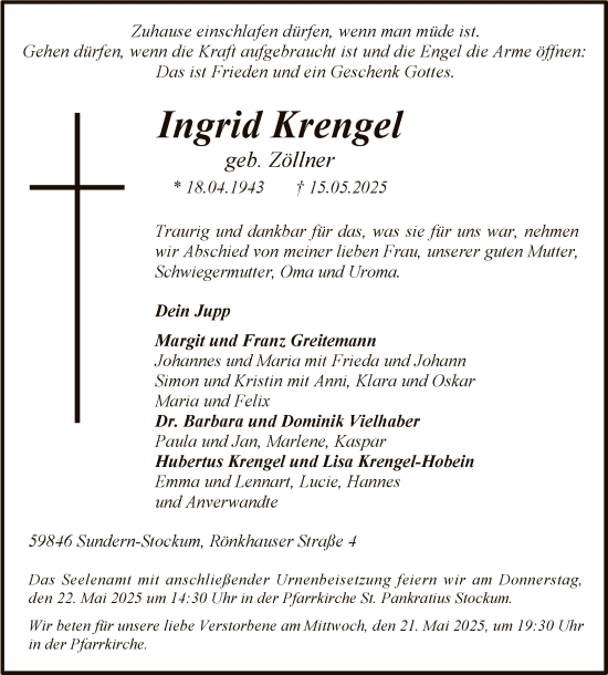 Todesanzeige von Ingrid Krengel von WA