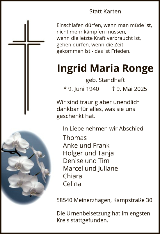 Todesanzeige von Ingrid Maria Ronge von HALN