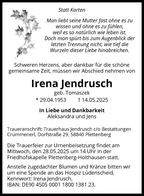 Todesanzeige von Irena Jendrusch von HALN