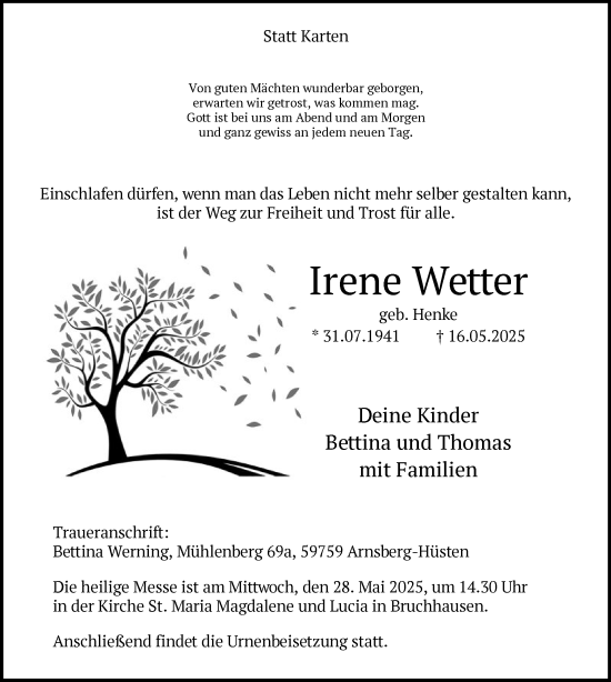 Todesanzeige von Irene Wetter von HASK