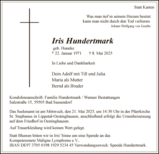 Todesanzeige von Iris Hundertmark von WA