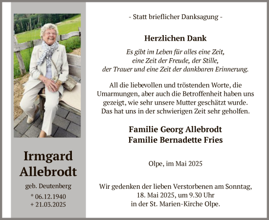 Todesanzeige von Irmgard Allebrodt von WA