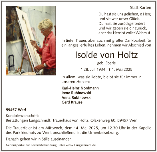 Todesanzeige von Isolde von Holtz von WA
