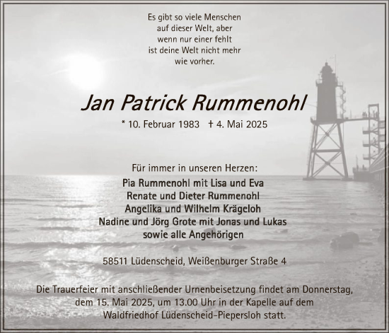 Todesanzeige von Jan Patrick Rummenohl von WA