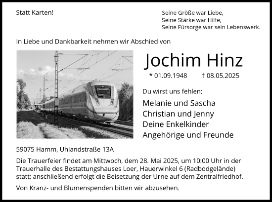 Todesanzeige von Jochim Hinz von HAWA