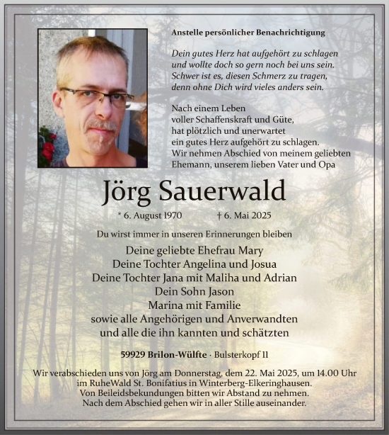 Todesanzeige von Jörg Sauerwald von WA