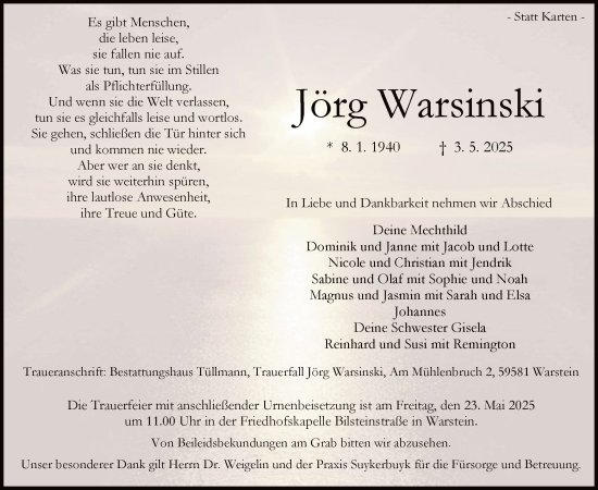 Todesanzeige von Jörg Warsinski von WA