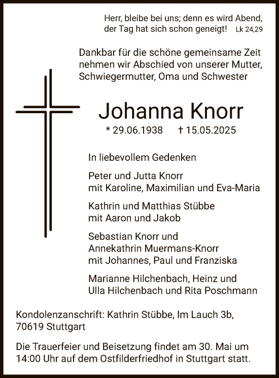 Todesanzeige von Johanna Knorr von HALN