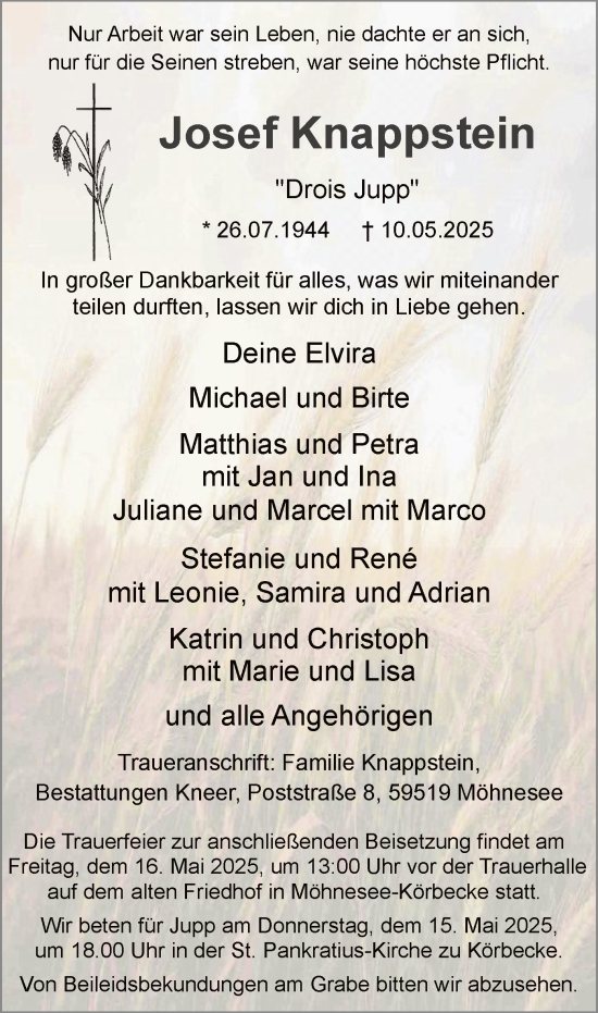 Todesanzeige von Josef Knappstein von WA
