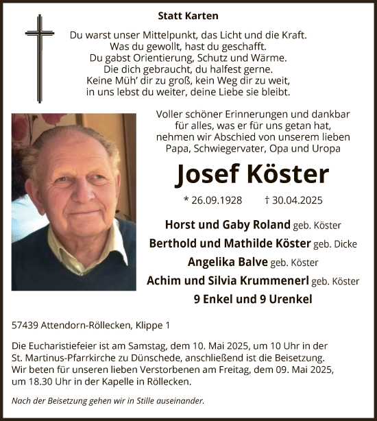 Todesanzeige von Josef Köster von WA