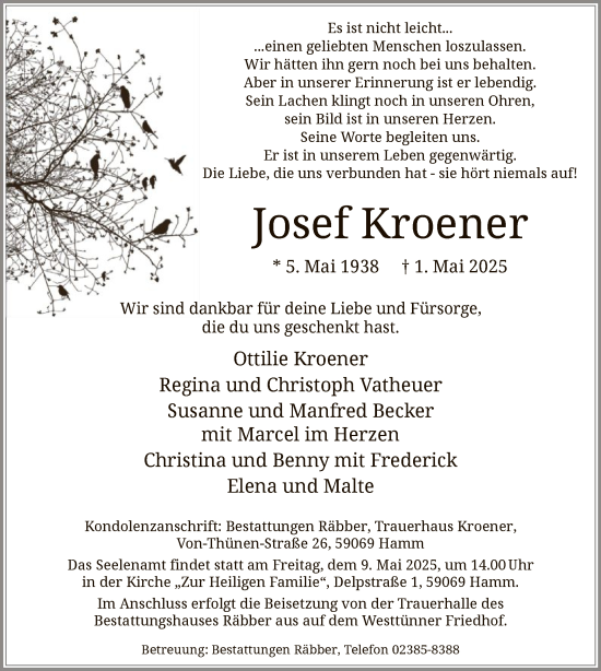 Todesanzeige von Josef Kroener von WA