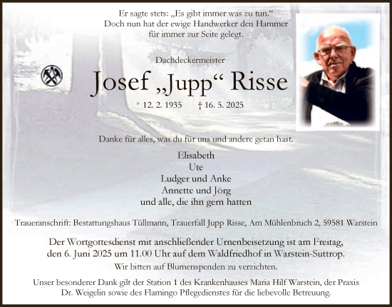 Todesanzeige von Josef Risse von HASO