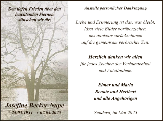 Todesanzeige von Josefine Becker-Nupe von HASK